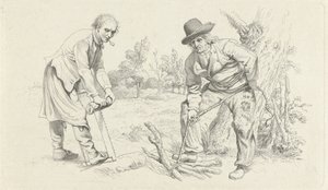 Studieark med en vedplukker og en mann med sag Studietrykk / Etudes gravées (serietittel) av Jacob Ernst Marcus