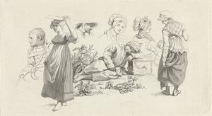 Studieark med en sovende gutt og figurer Studietrykk / Etudes gravées (serietittel) av Jacob Ernst Marcus