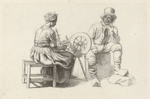 Studieark med en kvinne ved et snurrehjul og en sittende mann Studietrykk / Etudes gravées (serietittel) av Jacob Ernst Marcus