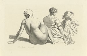 Studieark med en sittende naken og to figurer Studietrykk / Etudes gravées (serietittel) av Jacob Ernst Marcus