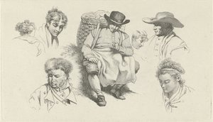 Studieark med figurer og en hvilende fiskehandler med pipe Studietrykk / Etudes gravées (serietittel) av Jacob Ernst Marcus