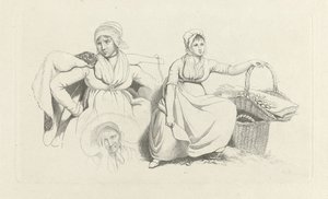 Studieark med to kvinner og en kopp Studietrykk / Etudes gravées (serietittel) av Jacob Ernst Marcus