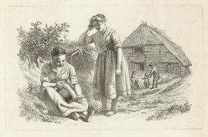 To kvinner og en mann med barn foran en låve Studietrykk / Etudes gravées (serietittel) av Jacob Ernst Marcus