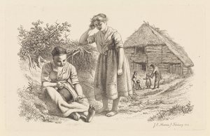 To kvinner og en mann med barn foran en låve Studietrykk / Etudes gravées (serietittel) av Jacob Ernst Marcus