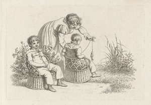 Kvinne med to barn i stoler Studietrykk / Etudes gravées (serietittel) av Jacob Ernst Marcus
