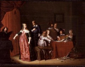 Fest i et interiør av Jacob F. van der (follower of) Merck