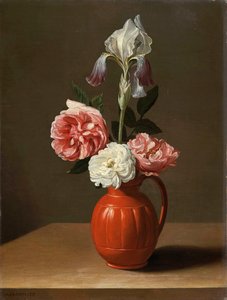 ""Bouquet Of Irises And Three Roses In A Faience Pot"" (An Iris And Three Roses In An Earthenware Pot) Maleri av Jacob Foppens van Es (ca. 1596-1666), - Olje på tre, Dim 30x29 cm Fondation Custodia