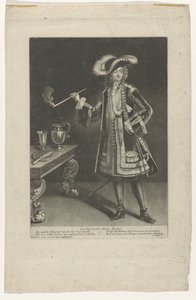Portrett Kaptein Jan Bart, stående med pipe Kaptein Jan Bart (tittel på objekt) av Jacob Gole