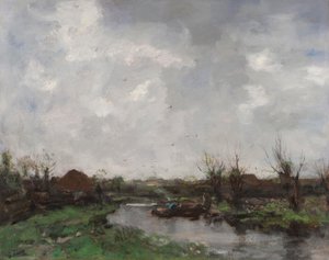Et elvelandskap med gårdshus, slutten av 1870-tallet av Jacob Henricus or Hendricus Maris
