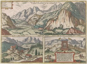 Tre ansikter i og rundt Inn-dalen i Østerrike, med Alpene i bakgrunnen av Jacob Hoefnagel (possibly)