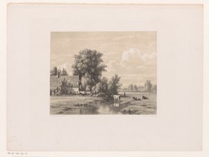 Landskap med gård og ku i vannet av Jacob Jan van der Maaten
