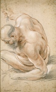 Naken gammel mann sitter, lener seg på underarmen, vender mot venstre, ca. 1640