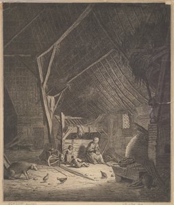 Interiør i en låve med mor og to barn, rett foran en grisekopi, 1600-tallet.