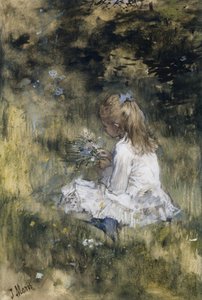 En jente med blomster på gresset Datter av Jacob Maris med blomster i gresset