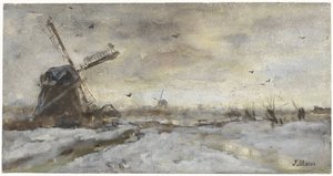 Landskap med en vindmølle i snøen av Jacob Maris