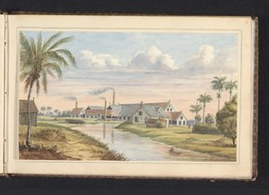 Sukkerplantasje Visserszorg ved Commewijne-elven Fabryk op pl.(antage) Visserszorg (tittel på objekt) Album med tegninger av Surinam, s.6 (50) (serietittel)