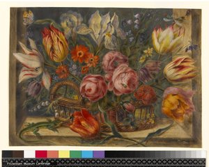 Blomsterstudie: diverse blomster i en kurv, med insekter og en øgle i vindussetting, 1634
