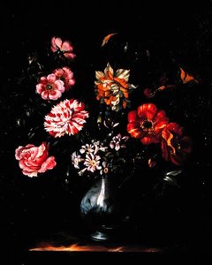 Blomster i en blå og hvit vase (olje på lerret) av Jacob Marrel