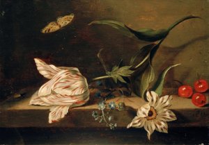 Stilleben med blomster på en bordplate