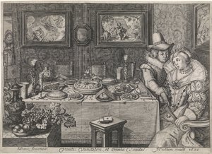 Ungt par sitter ved et overdådig lastet bord av Jacob Matham (workshop of)