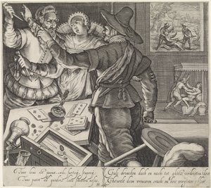 Kortspillere som kjemper med våpen som er trukket Slåss på et bordell The Effects of Drunkenness (serietittel) av Jacob Matham
