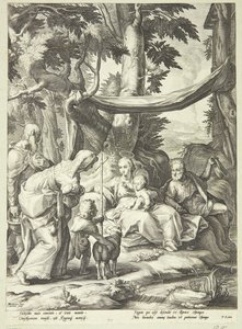 Den hellige familie satt i et landskap med Elizabeth, Zacharias og døperen Johannes som barn av Jacob Matham