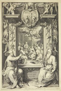 Tilbedelse av hyrdene med Peter og Paul i en allegorisk ramme av Jacob Matham