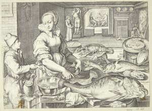 Kjøkkenscene med en kjøkkendame som vasker fisk av Jacob Matham