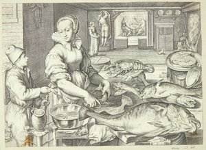 Kjøkkenscene med en kjøkkendame som vasker fisk av Jacob Matham