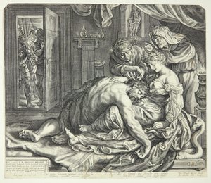 Samson sovende i Dalilas fang av Jacob Matham