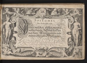 Titteltrykk med allegorisk kantramme og kalligrafert tittel Speil av skrivekunst, inden welcken ghesien mange slags skrifter med dets grunnlag og utdanning gis ut (...) Rotterdam. Anno 1605 (serietittel på objekt) av Jacob Matham
