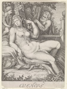 Venus spionert av en satyr Venus (tittel på objekt) av Jacob Matham