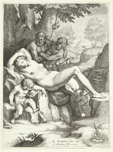 Venus og Amor sover og blir overvåket av satyrer av Jacob Matham