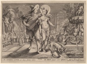 Diana som Luna som akkompagnerer en ung mann som serenade av Jacob Matham, after Hendrik Goltzius