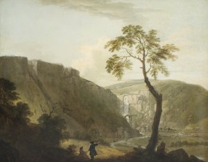 Et steinete landskap med en foss og en kunstner som sitter i forgrunnen