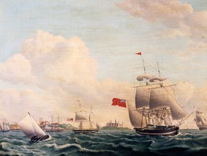 Skip som seiler gjennom Øresund mellom Sverige og Danmark med Kronborg slott i bakgrunnen av Jacob Petersen