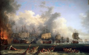 Senkingen av det russiske slagskipet St. Evstafius i sjøslaget ved Chesma, 1771.