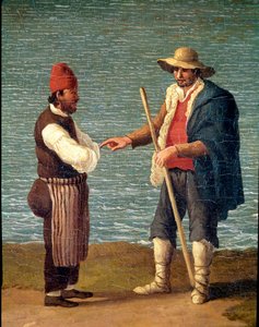 En hyrde og en kjøpmann i havnen i Monopoli, Puglia, Italia (gjeter og kjøpmann i Monopoli) Maleri av Jacob Philipp Hackert dit Hackert d