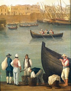 Blåskjellfiskere fra Monopoli, Puglia, Italia (muslingfiskere i Monopoli) Maleri av Jacob Philipp Hackert dit Hackert d