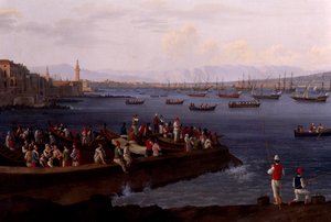 Napolibukten nær Santa Lucia som viser marineflåtene på vei tilbake fra Alger av Jacob Philippe Hackert