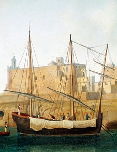 Utsikt over et skip i havnen i Monopoli, Apulia, Italia - (Skip i havnen i Monopoli) Maleri av Jacob Philipp Hackert dit Hackert d