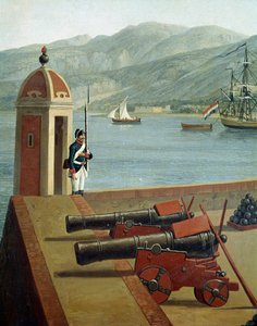 Utsikt over de militære festningsverkene til havnen i Reggio Calabria (Utsikt over Reggio Calabrias militære festningsverk) Detalj av en vakt og kanoner (kanoner og vakt) - Maleri av Jacob Philipp Hackert dit Hackert d'Italie (1737-1807) 1700-tallet -  av Jacob Philippe Hackert