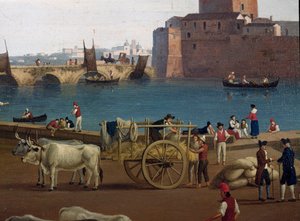 Utsikt over havnen i Taranto (Taranto) i Italia på 1700-tallet Havnearbeidere i havnen som losser godset, vogn trukket av okser - Maleri av Jacob Philipp Hackert dit Hackert d'Italie (1737-1807) av Jacob Philippe Hackert
