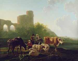 Rustikke figurer med storfe og sauer