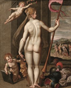 Minerva holder en lanse mens den blir kronet med laurbær av en putto (olje på lerret) av Jacob de (studio of) Backer