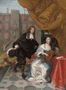 En herre som frier til en dame som lager musikk på en gårdsplass, 1668 av Jacob de Fourmentrou