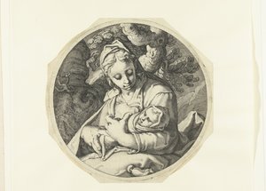 Maria med Kristusbarn Maria med Kristusbarnet og Josef med snekkerverktøy (serietittel) av Jacob de Gheyn (II) (workshop of)