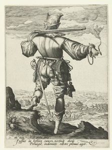 Musketer (harquebusier?) med hjelm på Offiserer og soldater (serietittel) av Jacob de Gheyn (II)