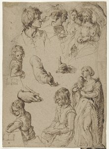 Studie av hender og figurer Studieark med en ung mann, en kvinne med barn og en Paris-dom eller heksesabbat av Jacob de Gheyn (II)