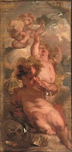 An Allegory of Vanitas: Fire putti som blåser bobler, en hodeskalle, en kunstners palett og en krone i nærheten (olje på lerret lagt ned på panel)